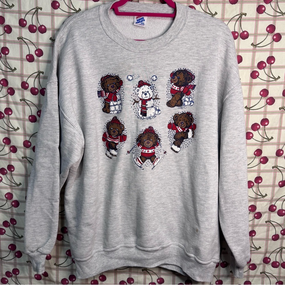 Vintage Jerzees Heather Gray Winter Snow Bear Motif Women's Sweatshirt